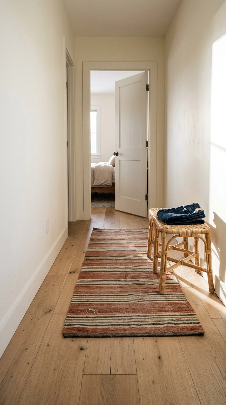 Rust and cream flatweave runner rug inside a bedroom entryway doorway