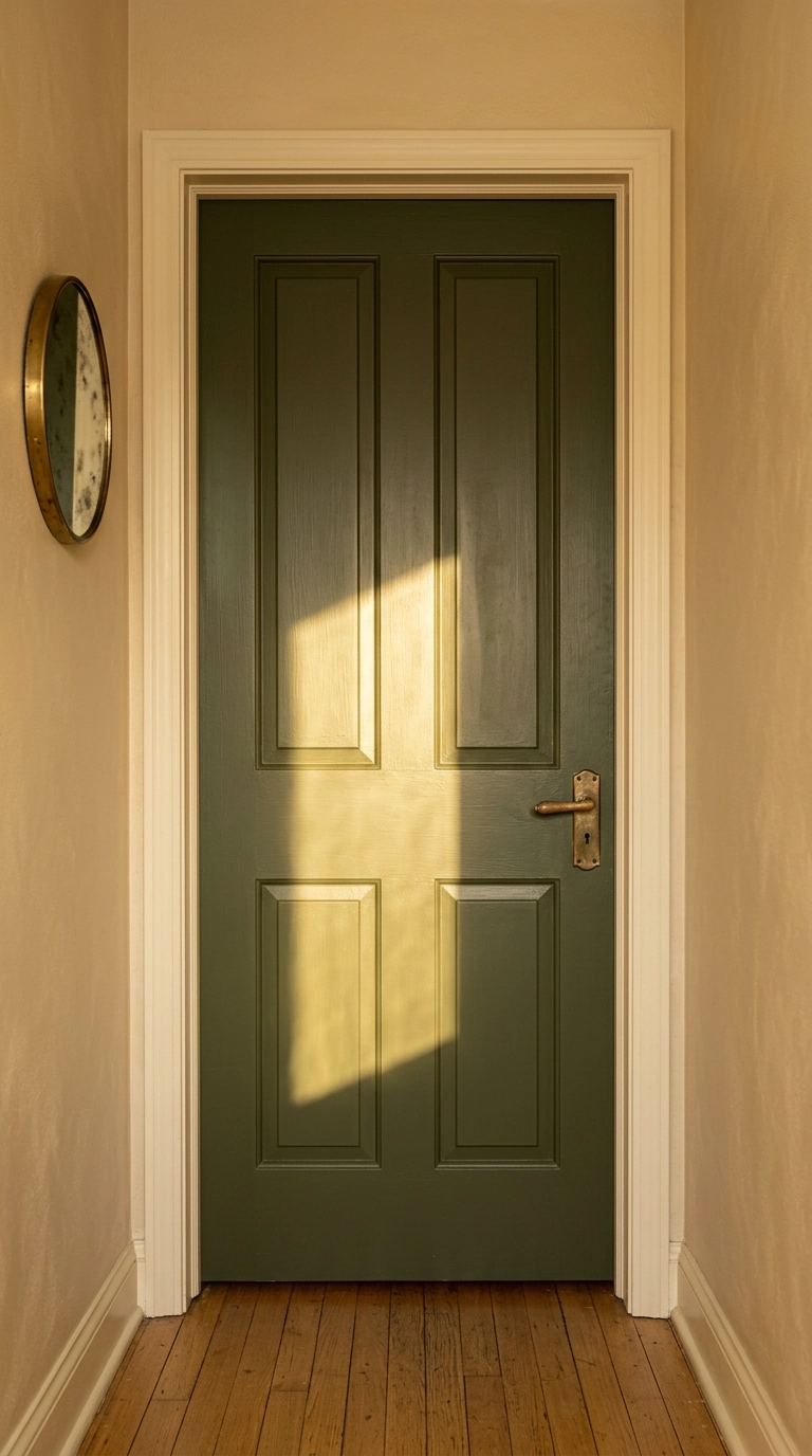 Interior bedroom door painted deep olive green with a brass lever handle