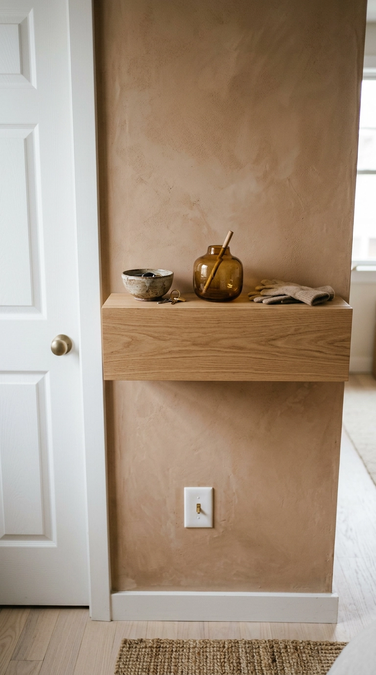 Floating oak shelf above a light switch beside a bedroom door holding a key bowl