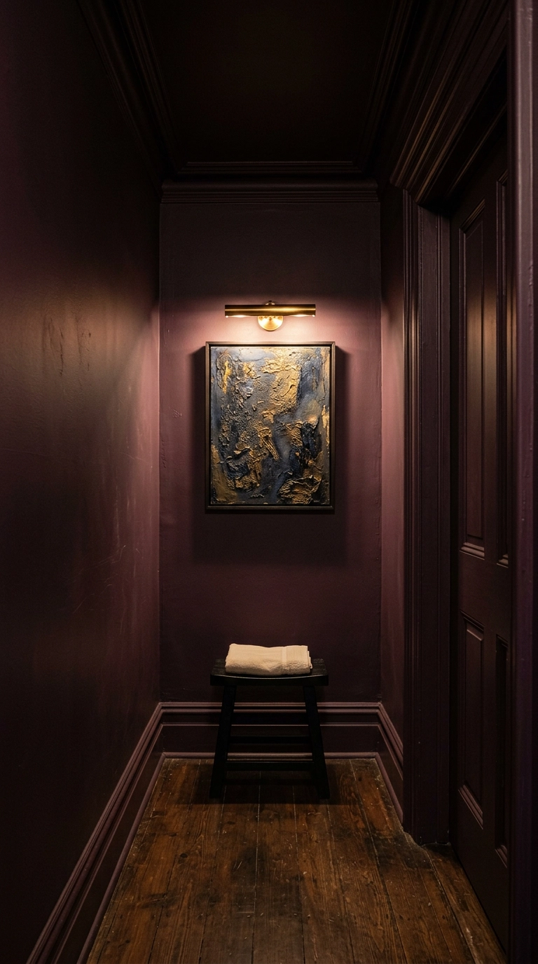 Small vestibule outside a bedroom painted deep aubergine on walls and ceiling
