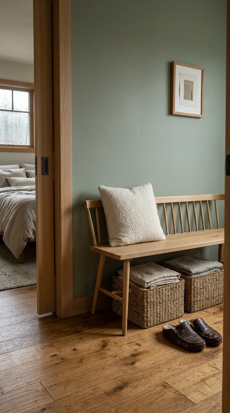 Narrow sage-green bedroom entryway with a spindle bench and two woven baskets