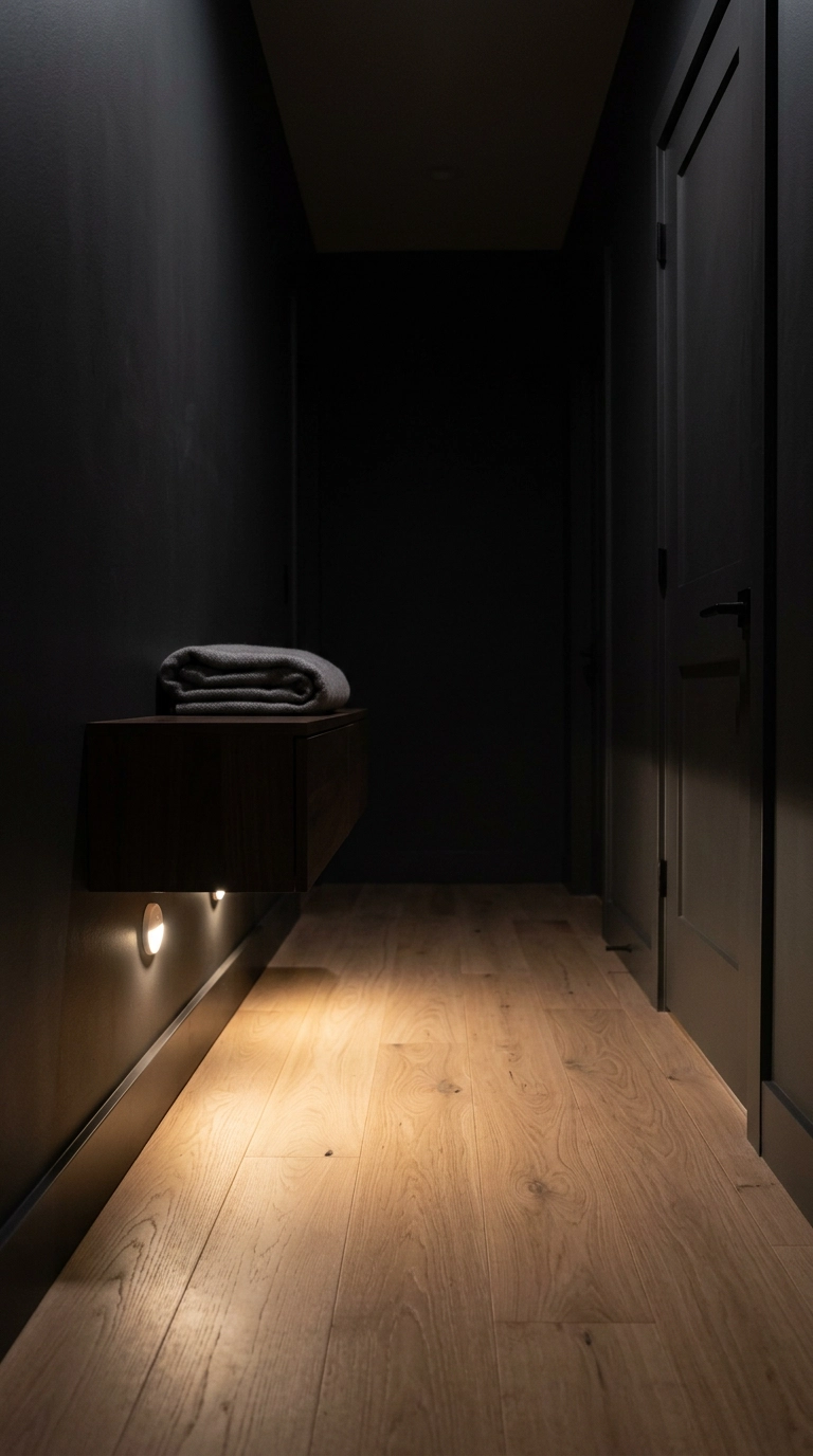 Warm low-level puck lighting glowing across the floor of a dark bedroom entryway