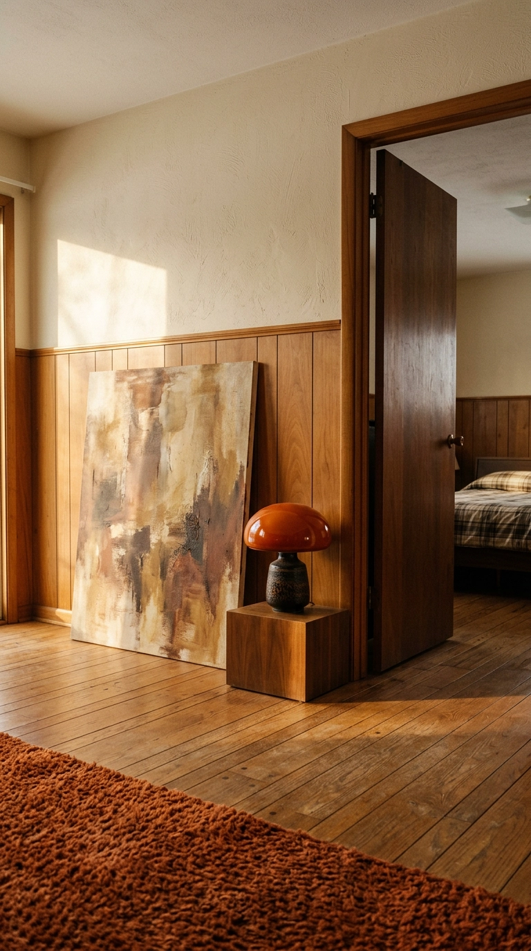 Oversized ochre canvas leaning on the floor beside a bedroom entryway door