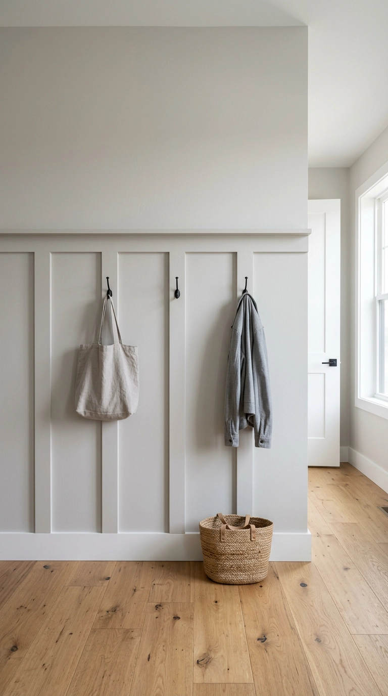 Grey board and batten wall molding on a bedroom entryway wall with hooks