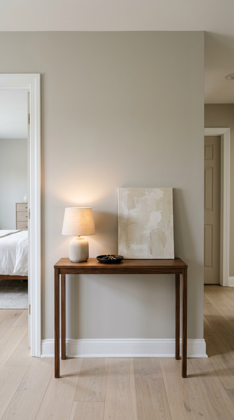 Slim walnut console table with a lamp and key dish on the wall facing a bedroom door