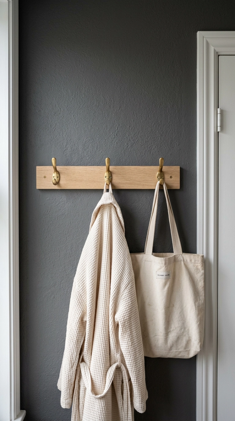 White oak hook rail with brass hooks holding a robe in a bedroom entryway