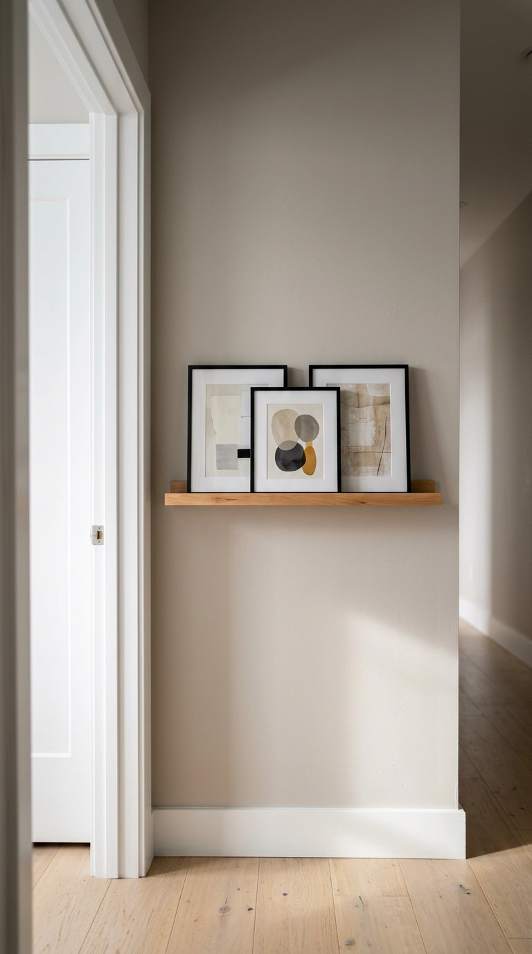 Narrow maple picture ledge with three small framed prints beside a bedroom door