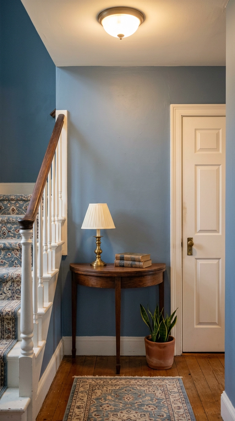 Half-round demilune table with a lamp on a landing outside a bedroom door