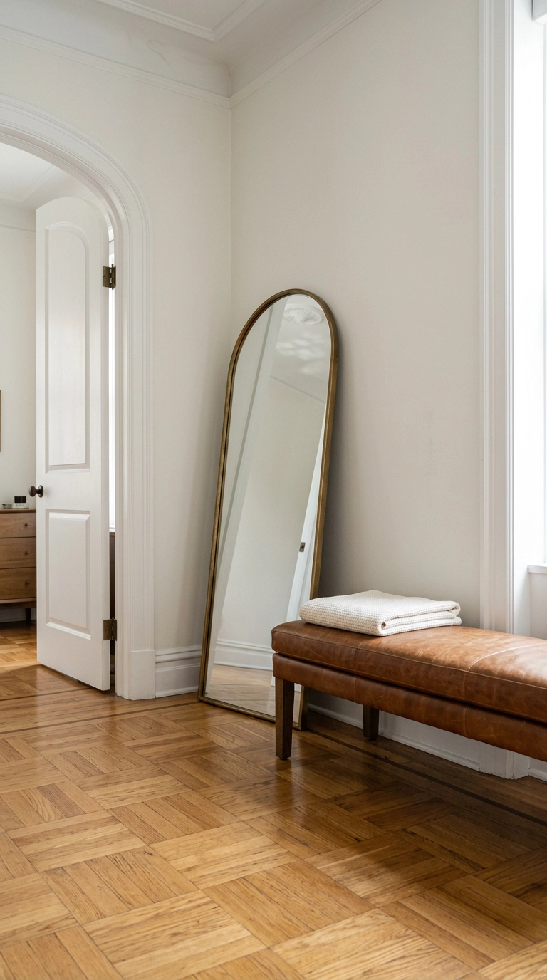 Arched brass mirror leaning against a bedroom entryway wall next to a leather bench