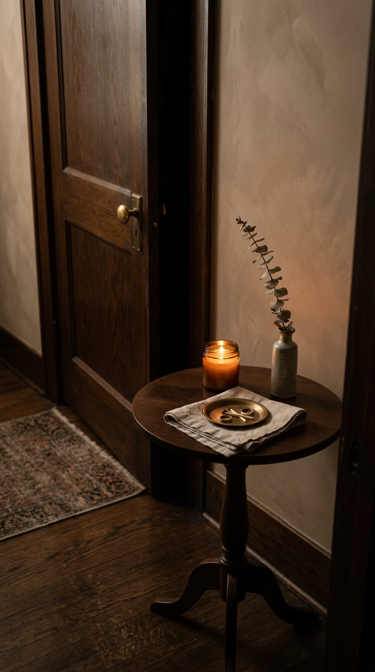 Candle, bud vase and brass tray on a small table beside a bedroom door at night