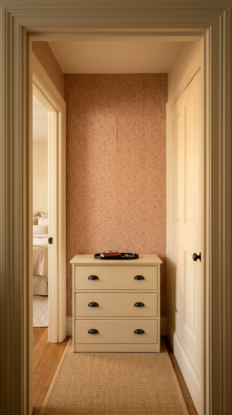 Clay-toned peel-and-stick patterned wallpaper on a small bedroom entryway wall