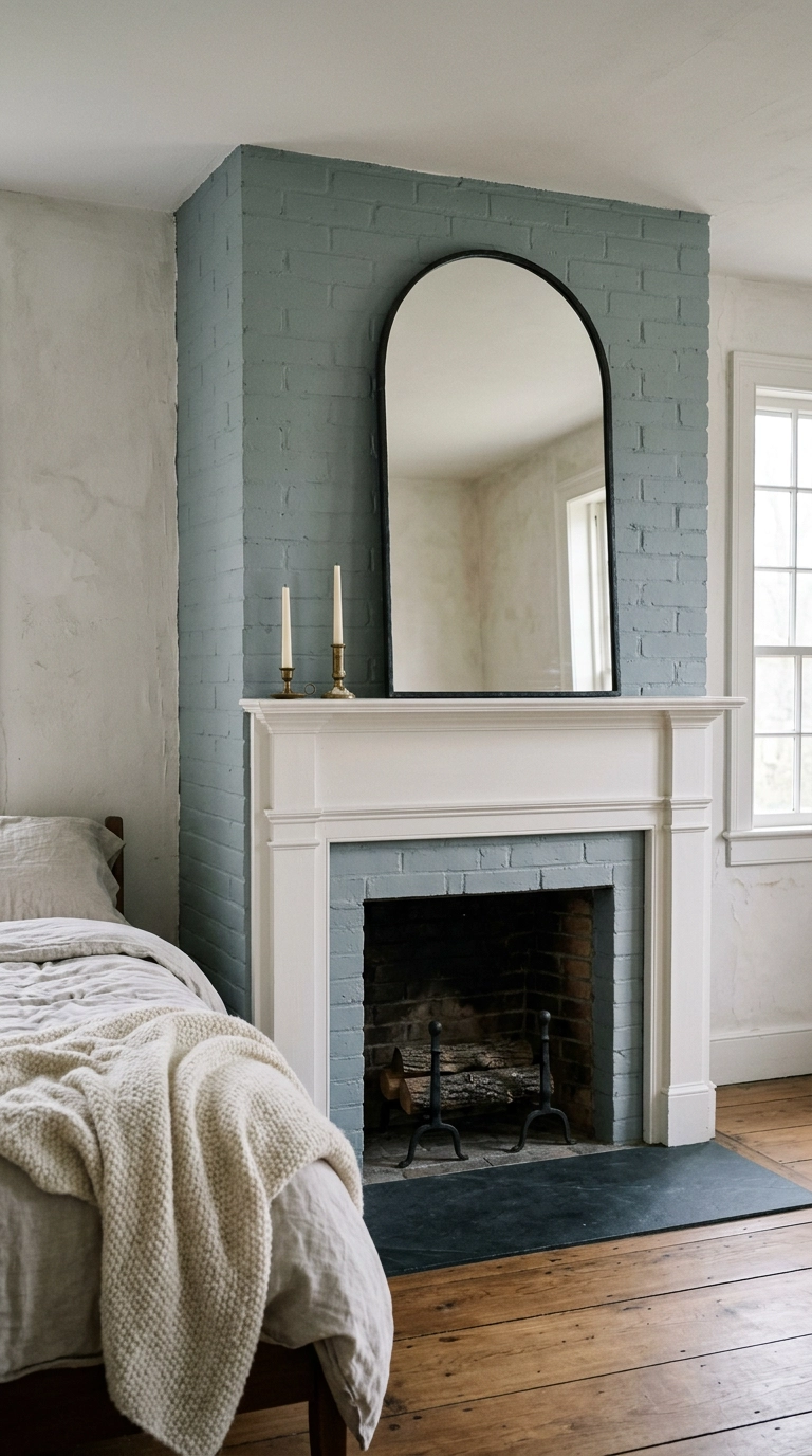 Arched black-framed mirror above a bedroom fireplace mantel in a north-facing room