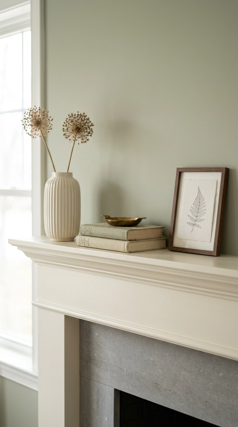Bedroom mantel styled in three zones with a vase, stacked books and small leaning artwork
