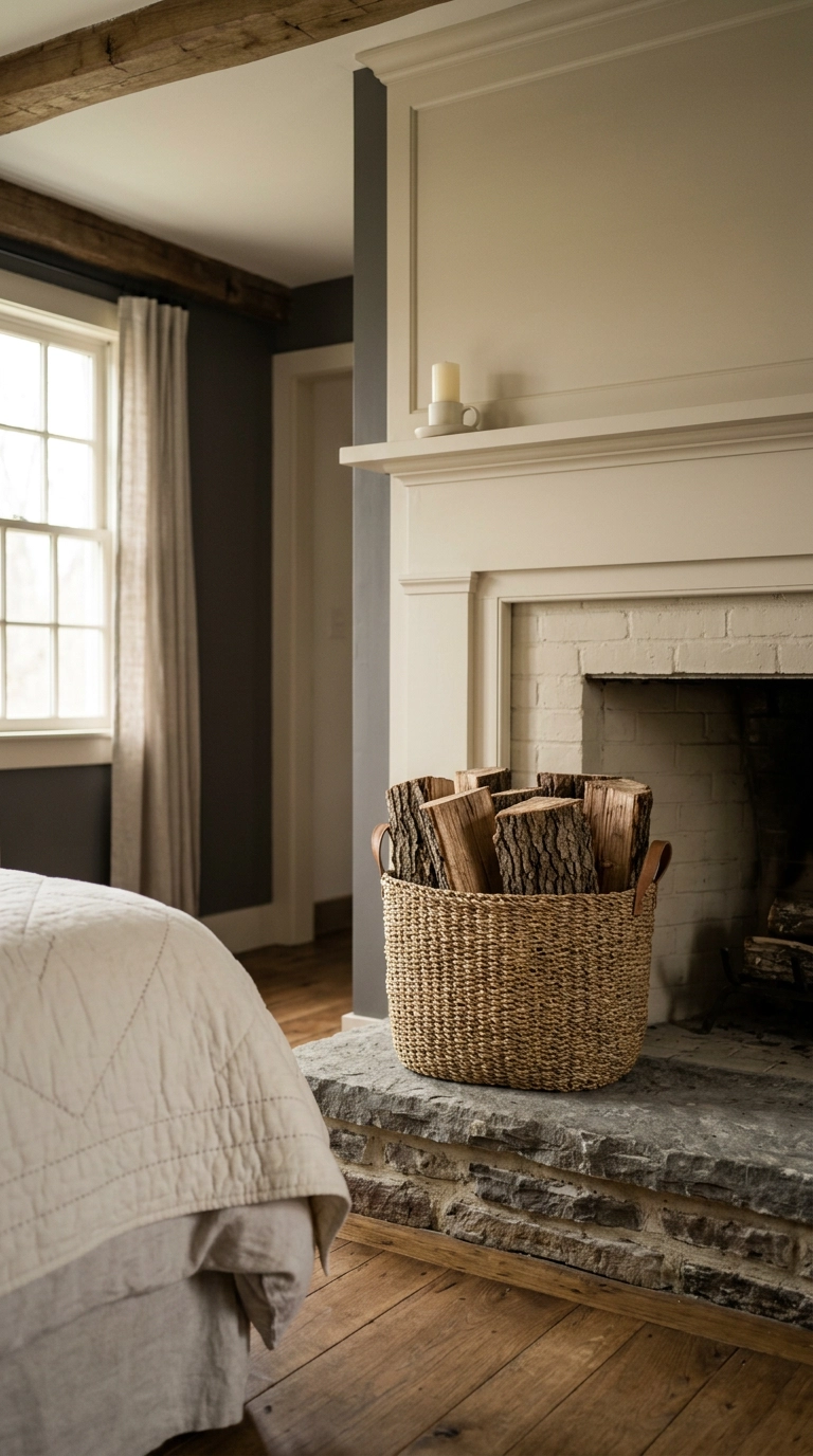 Woven seagrass basket of split oak logs on a bedroom fireplace hearth