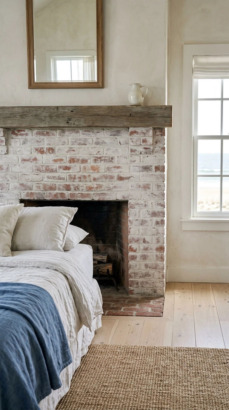 Bedroom brick fireplace with soft white limewash effect and reclaimed timber mantel beam
