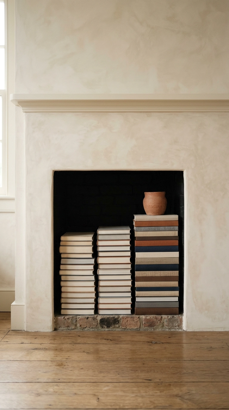 Sealed bedroom firebox painted black and filled with neat vertical stacks of books