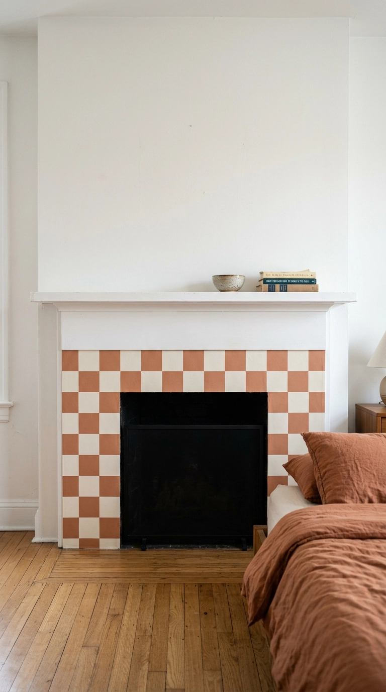 Rental bedroom fireplace surround updated with cream and clay peel-and-stick checkerboard tile
