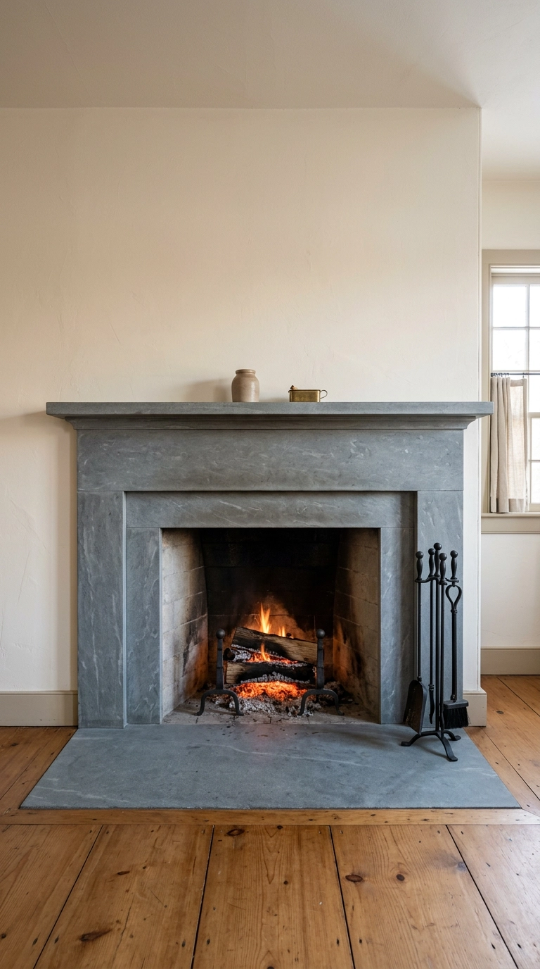 Working bedroom fireplace with soapstone mantel and deliberately bare wall above