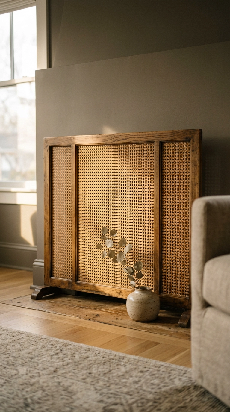 Decorative wood and cane firescreen across a bedroom fireplace opening with ceramic vessel behind