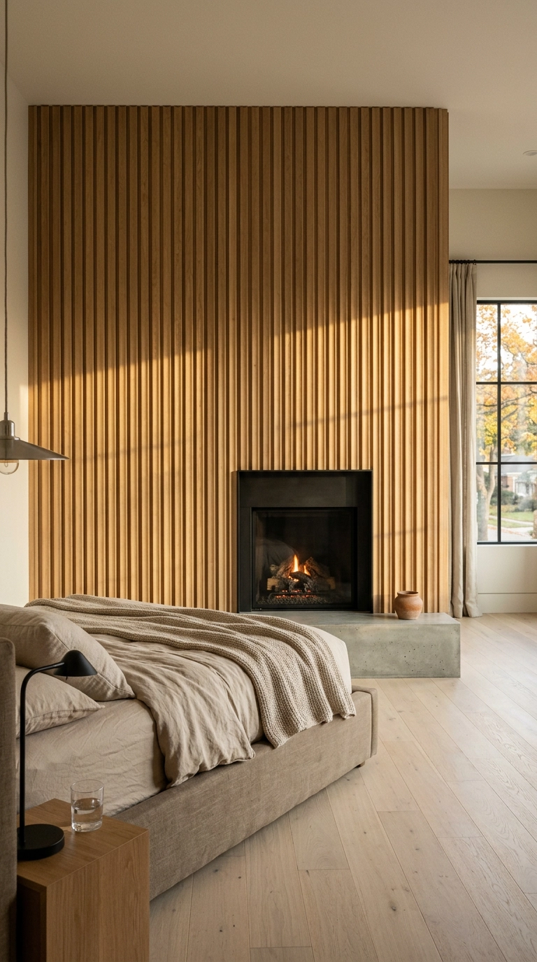 Bedroom fireplace chimney breast clad in vertical fluted white oak slat panels