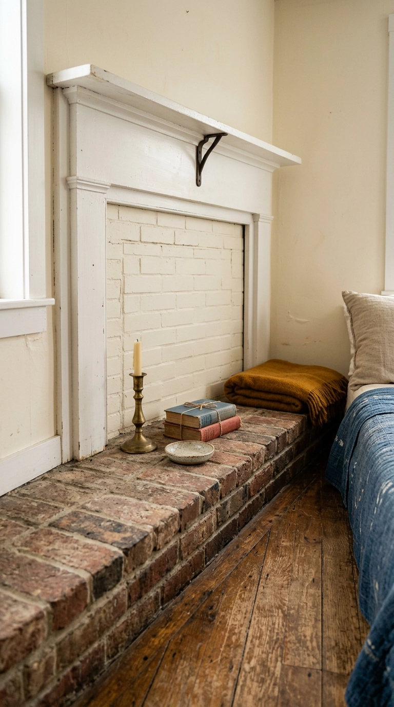 Bedroom fireplace hearth styled with a thrifted brass candlestick, books and folded ochre throw
