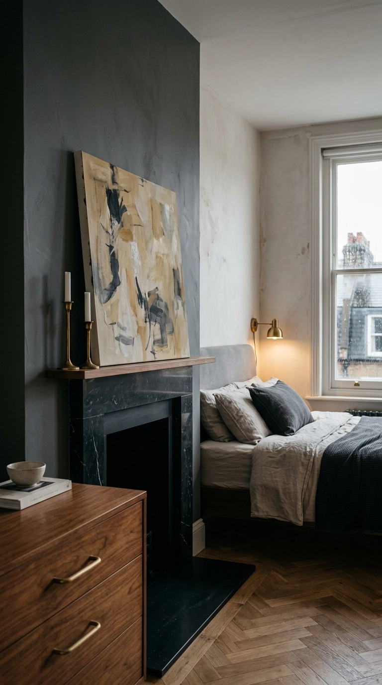 Large abstract canvas leaning on a bedroom fireplace mantel beside two brass candlesticks