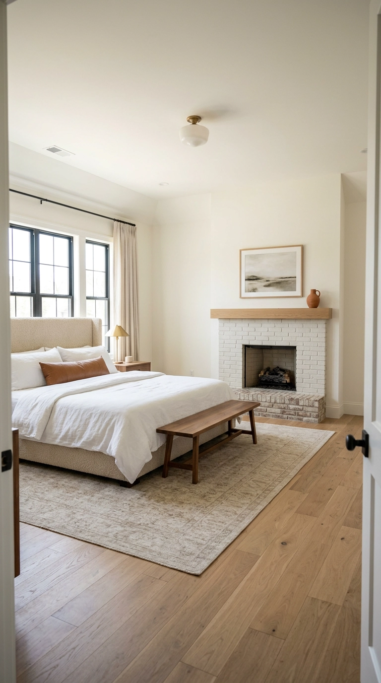 Bedroom with upholstered bed positioned directly opposite a white painted brick fireplace