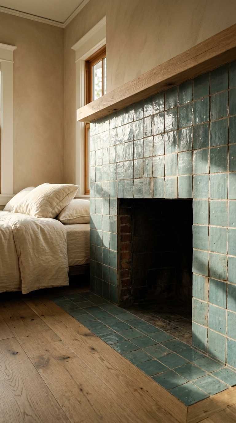 Dusty teal zellige tile surround around a bedroom fireplace opening with raw oak mantel