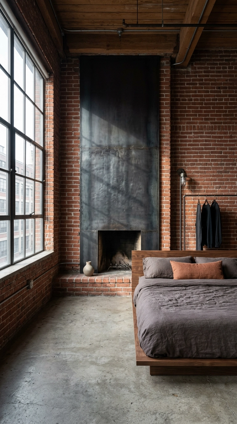 Blackened steel panel covering a fireplace opening in a brick loft bedroom
