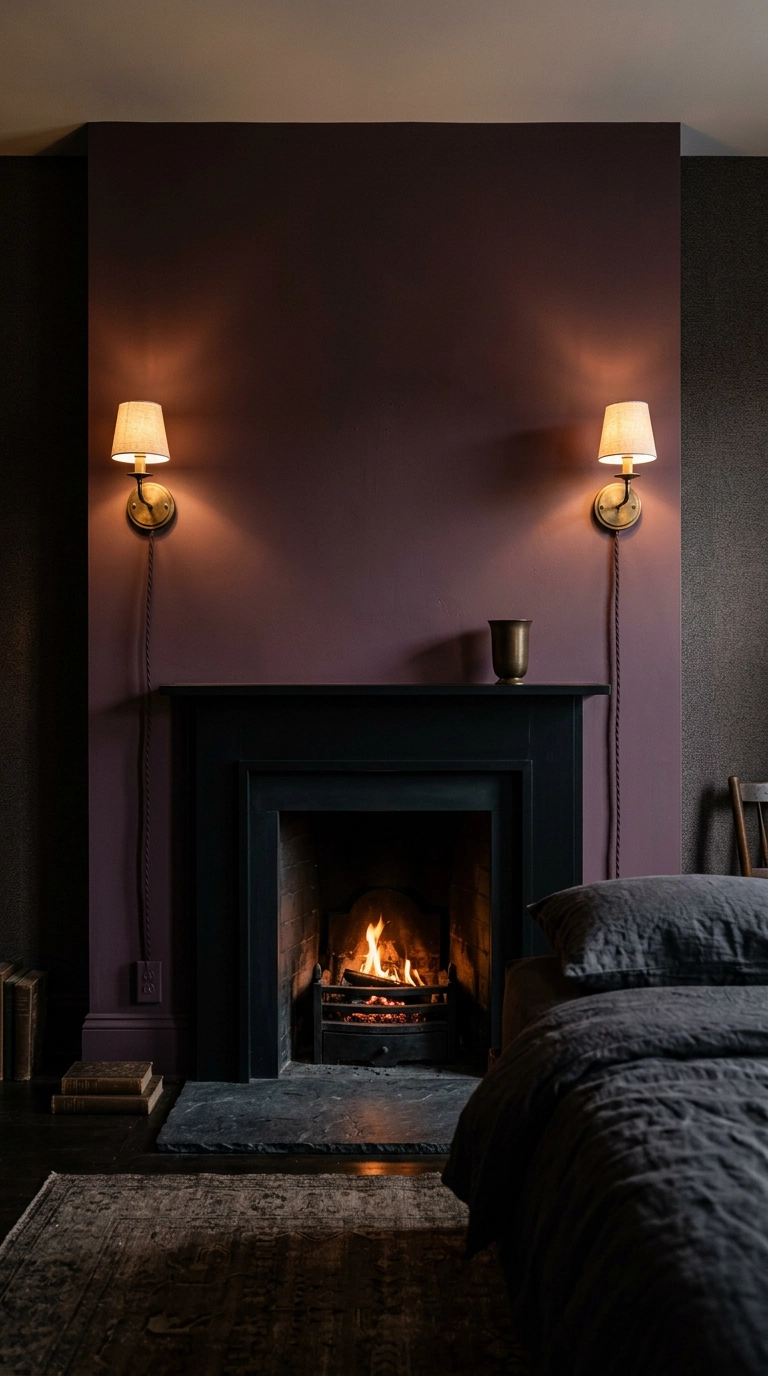 Two aged brass plug-in sconces flanking a deep plum bedroom fireplace chimney breast