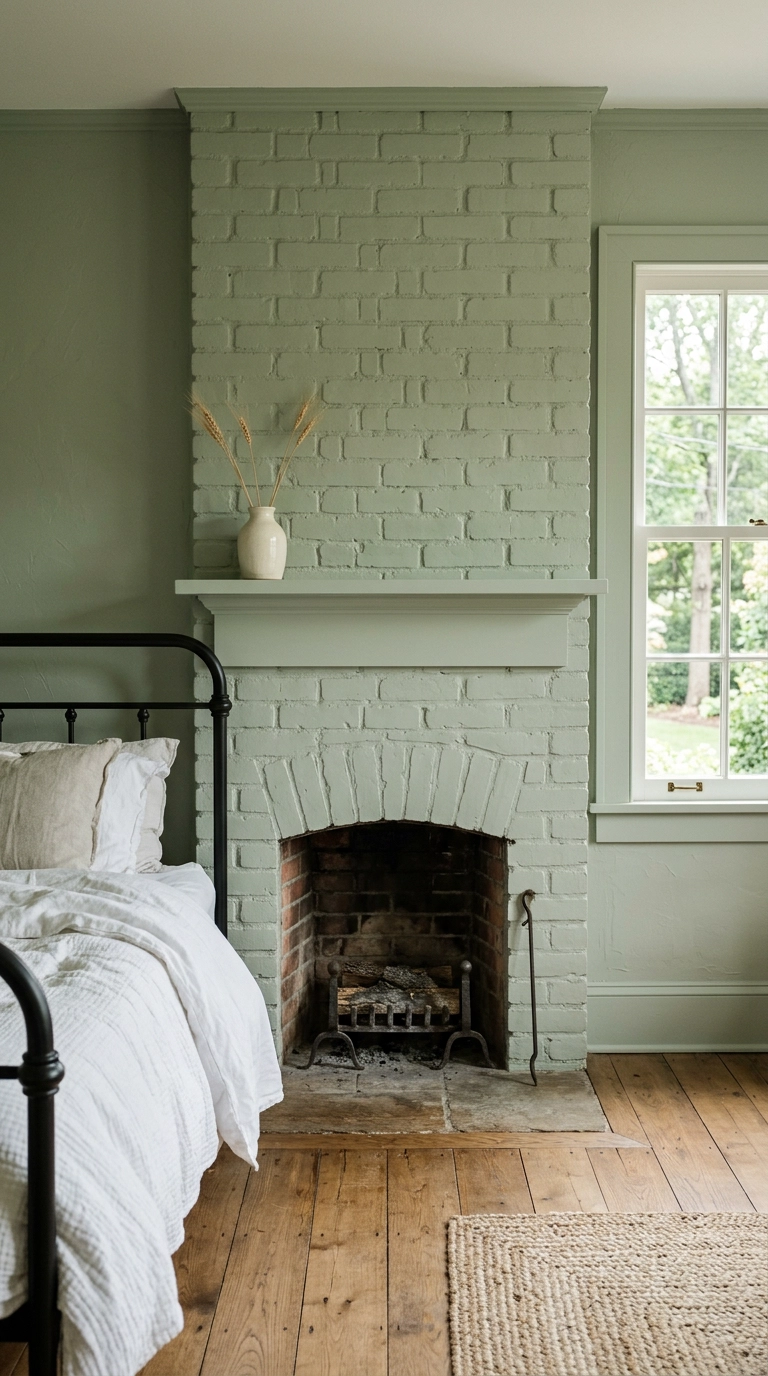 Bedroom brick fireplace painted the same soft sage green as the surrounding walls