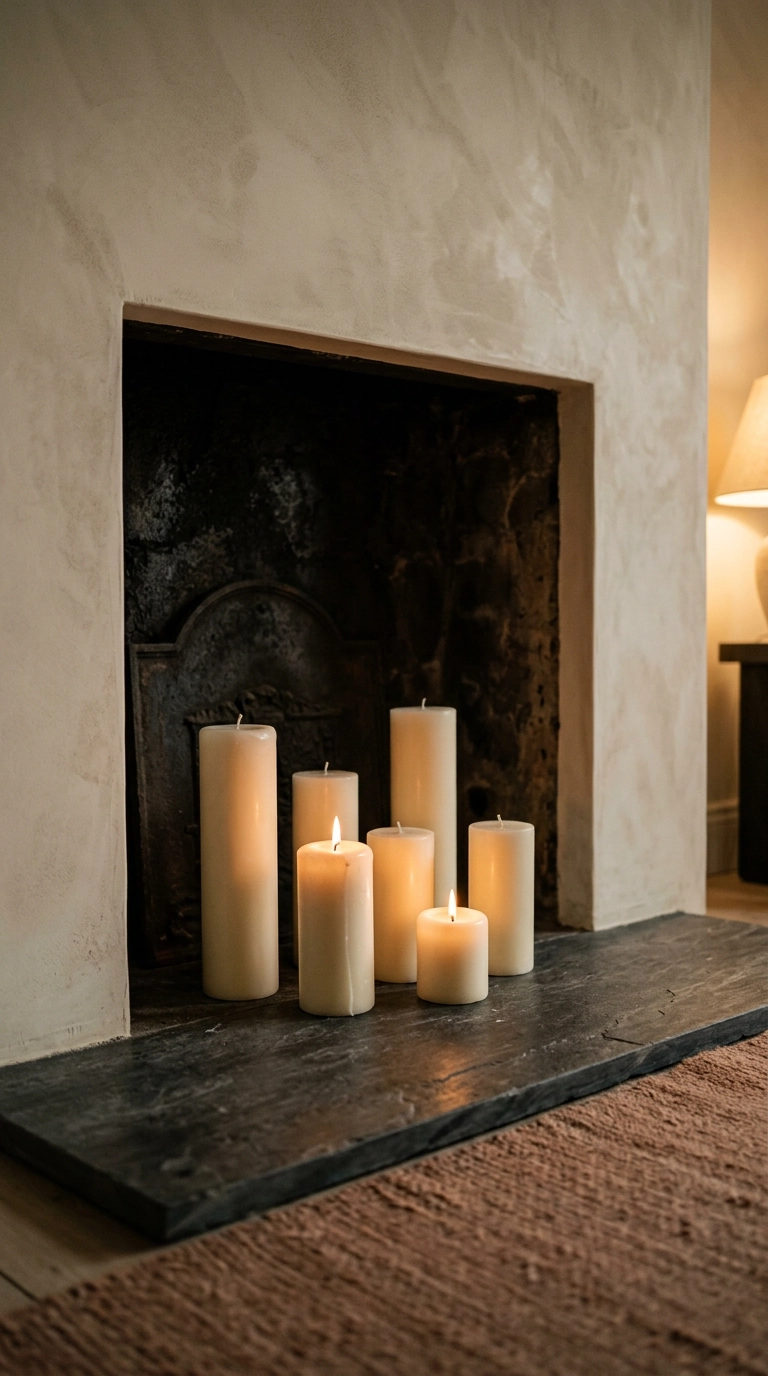 Group of ivory pillar candles at staggered heights inside a bedroom fireplace firebox