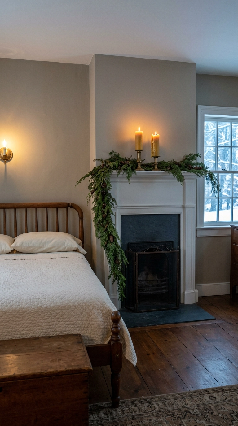Cedar garland draped along a white bedroom mantel with two beeswax pillar candles