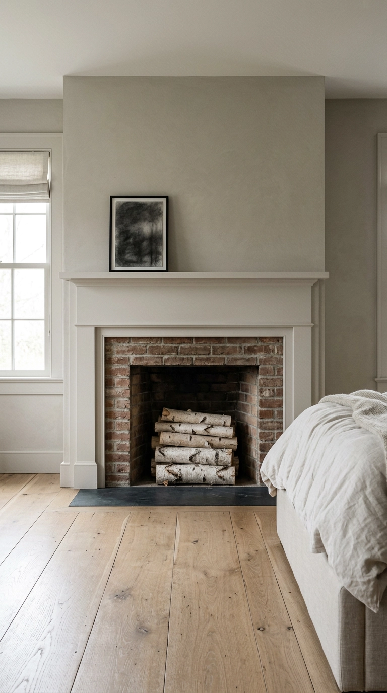 Bedroom fireplace with sealed firebox filled with stacked white birch logs under a simple painted mantel