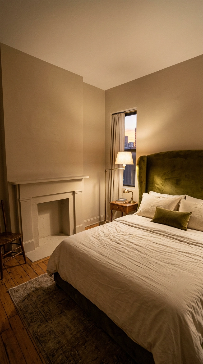 Small bedroom fireplace painted out to match the walls beside a deep olive velvet headboard
