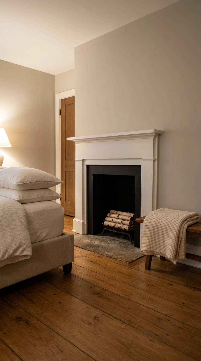 Freshly blackened firebox interior with birch logs against a white painted surround