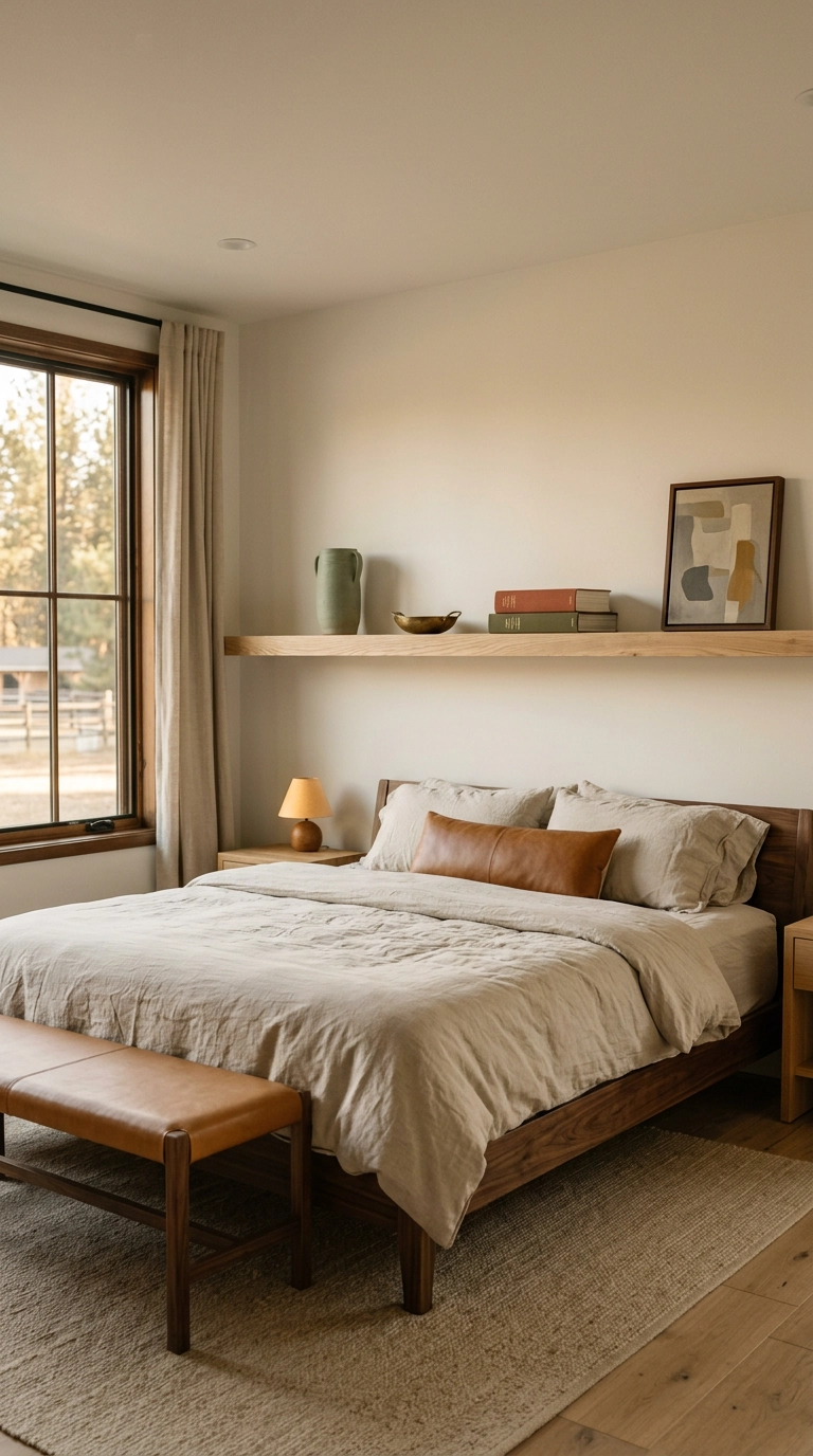One long ash floating shelf spanning the wall above a walnut platform bed in a warm minimalist bedroom
