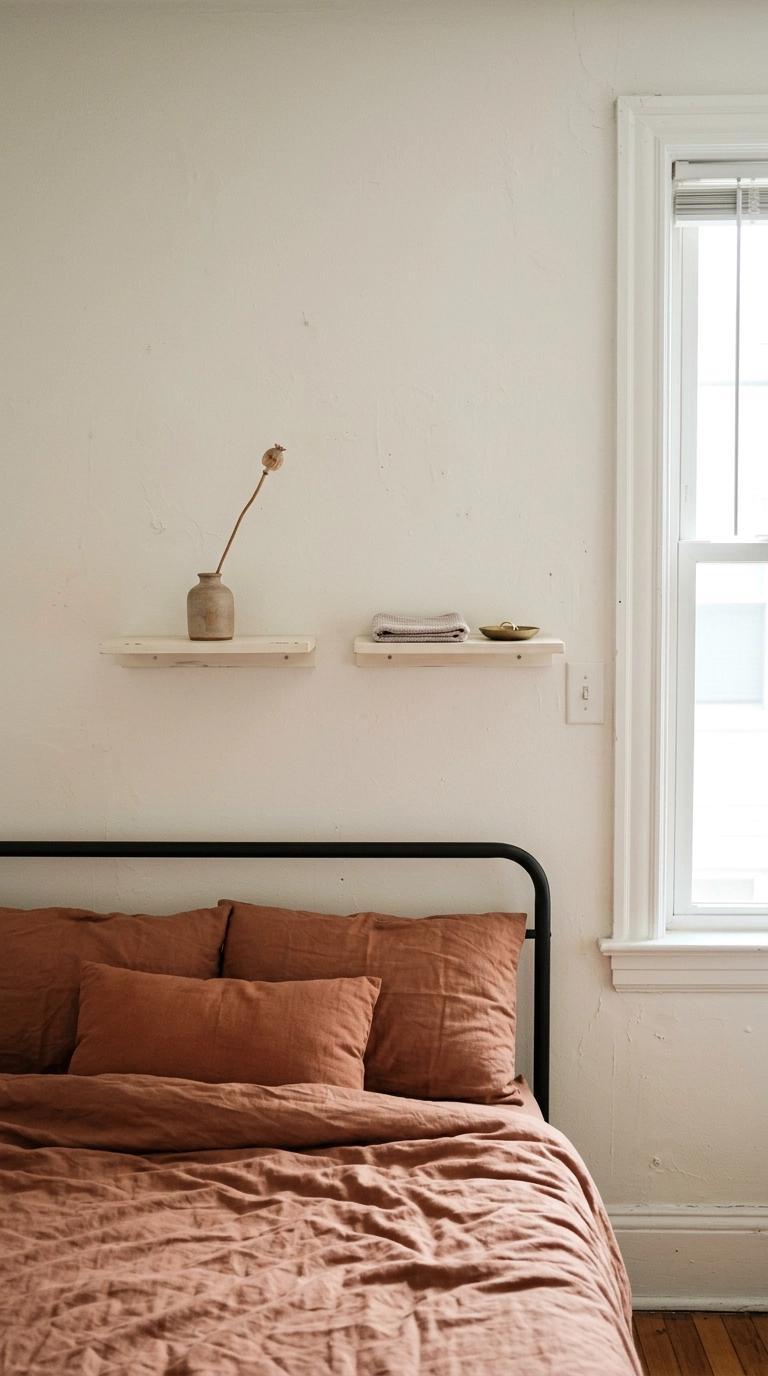 Two small lightweight floating shelves mounted without drilling in a rental bedroom