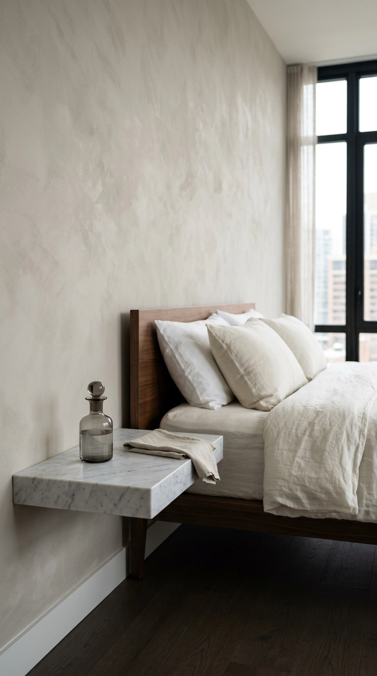 Honed carrara marble slab floating shelf mounted as a nightstand in a contemporary bedroom