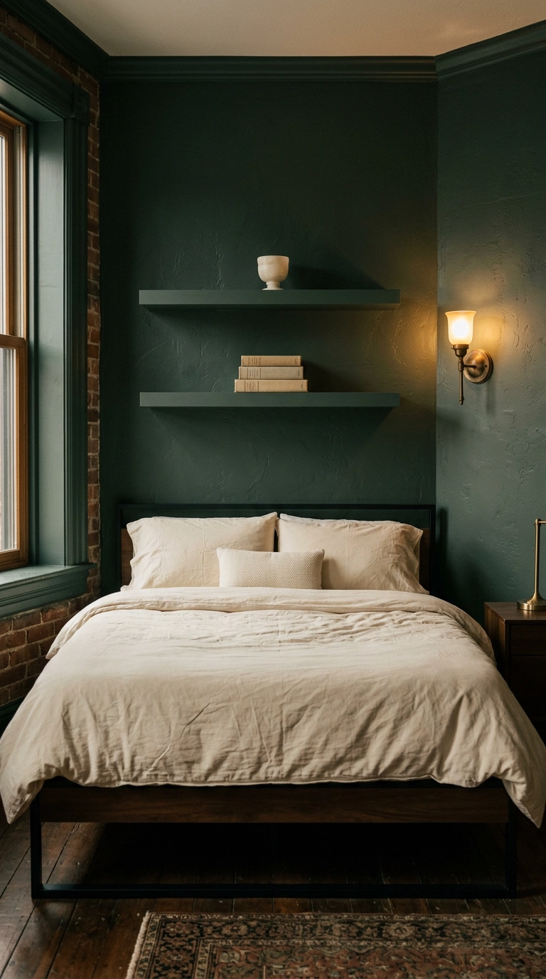 Floating shelves painted the same deep green as the wall in a moody dark academia bedroom