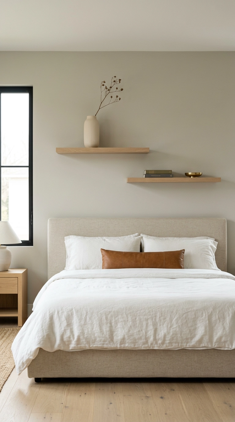 Two staggered white oak floating shelves above an upholstered bed in a warm minimalist bedroom