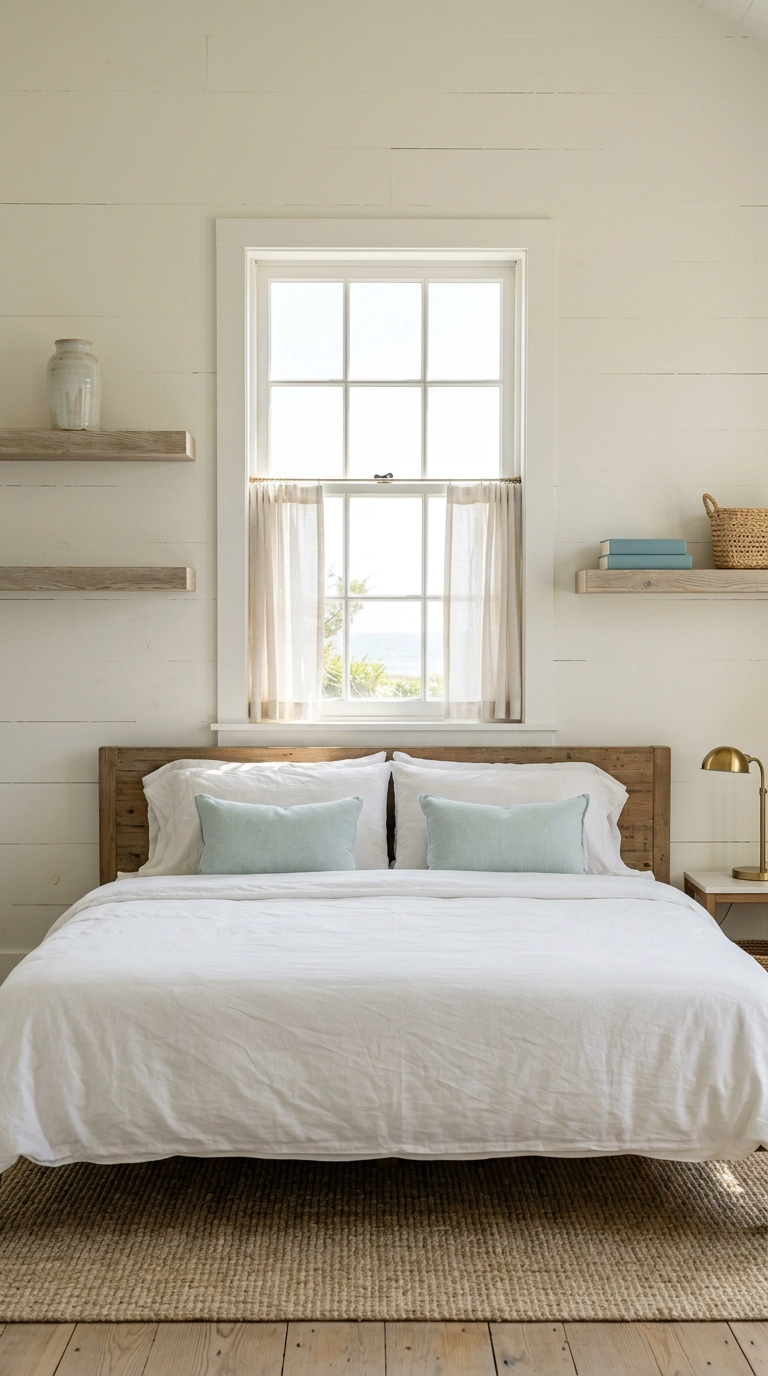 Two weathered oak floating shelves at different heights flanking a bedroom window