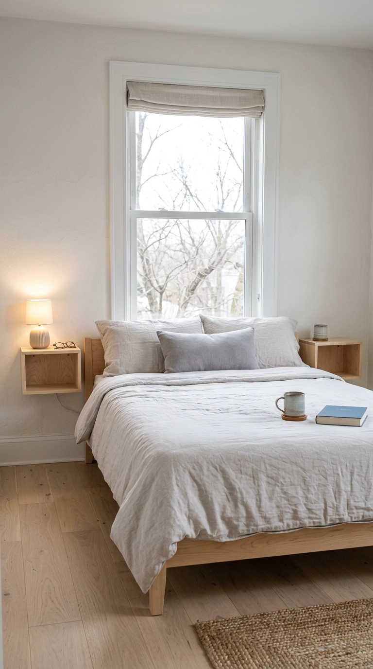 Two small birch floating shelves used as nightstands on either side of a low platform bed in a small Scandinavian bedroom