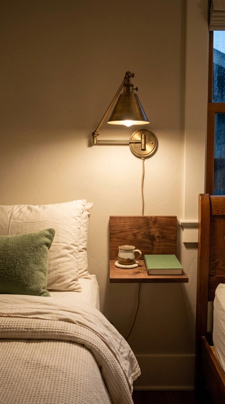 Small walnut floating shelf nightstand with an aged brass swing-arm sconce mounted above it