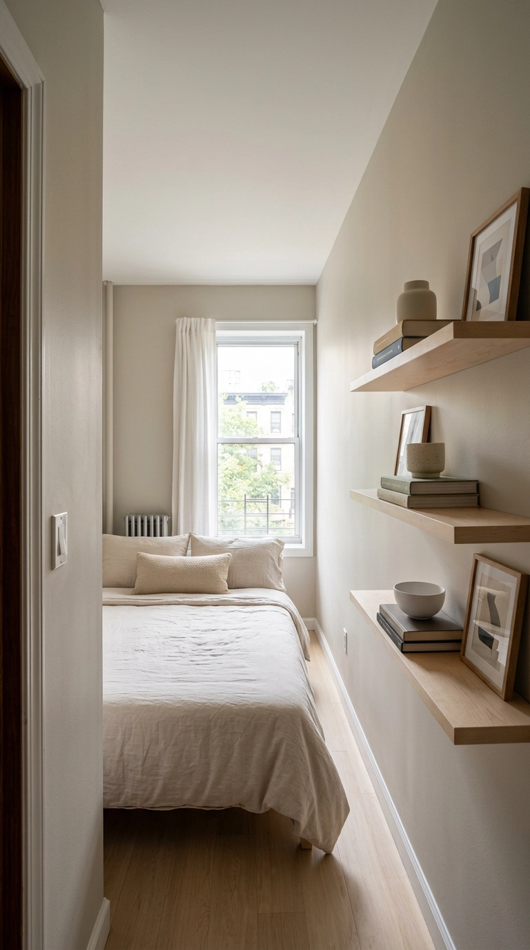 Three shallow maple floating shelves along the long wall of a narrow bedroom