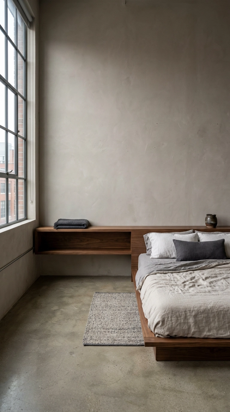 Long low walnut floating shelf mounted as a bench and display ledge in a Japandi loft bedroom