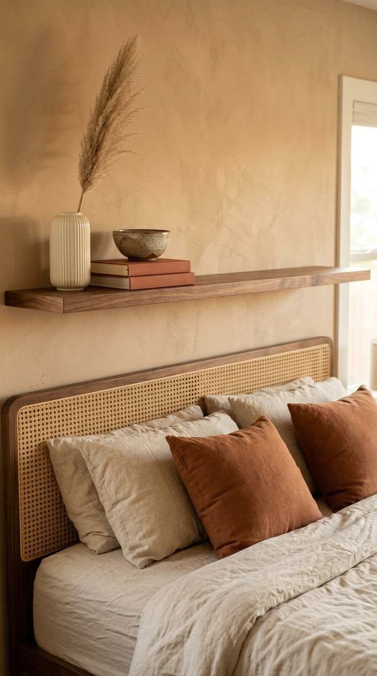 Walnut floating shelf styled with three objects and deliberate empty space beside a cane rattan headboard
