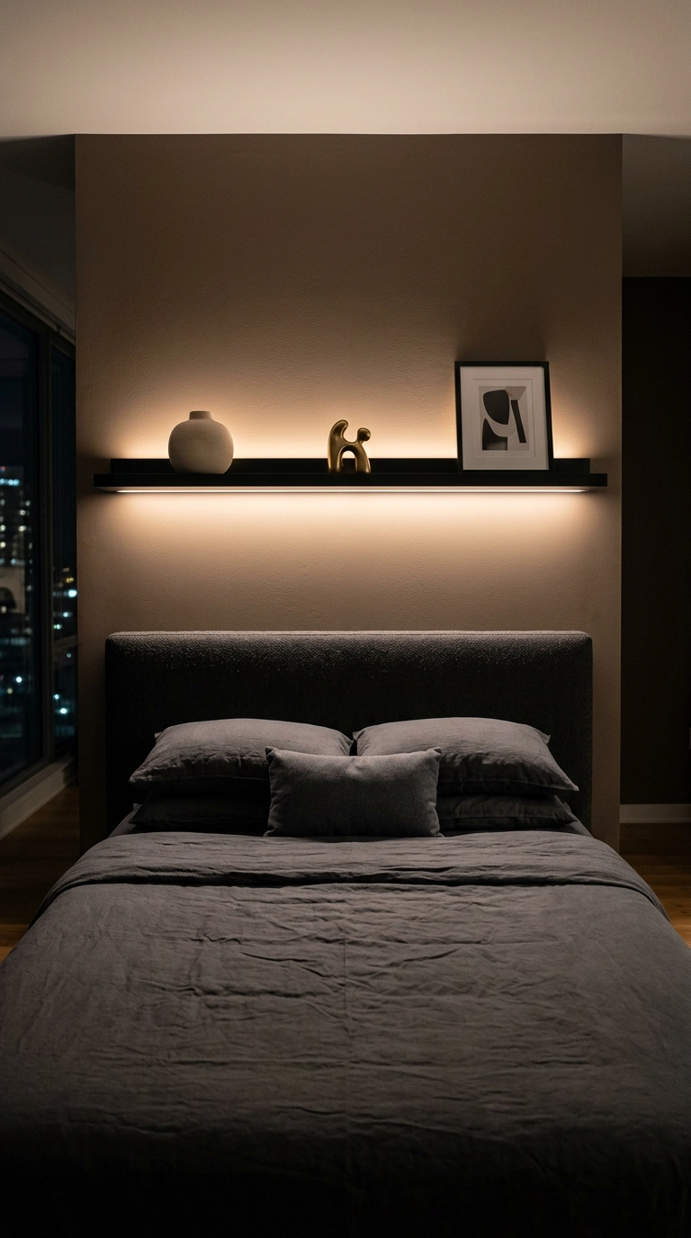Matte black floating shelf above a charcoal headboard with concealed warm LED strip lighting at night