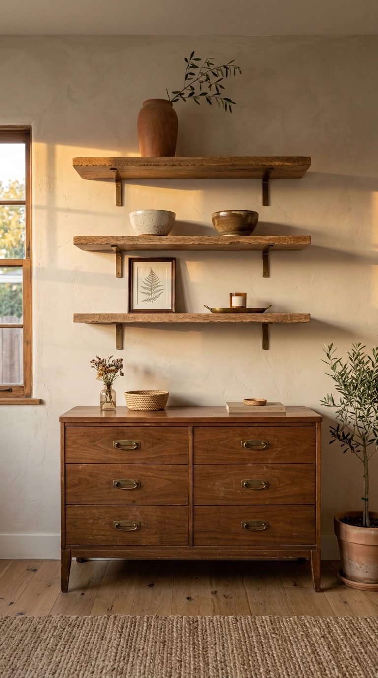 Three stacked mango wood floating shelves above a walnut dresser in an organic modern bedroom