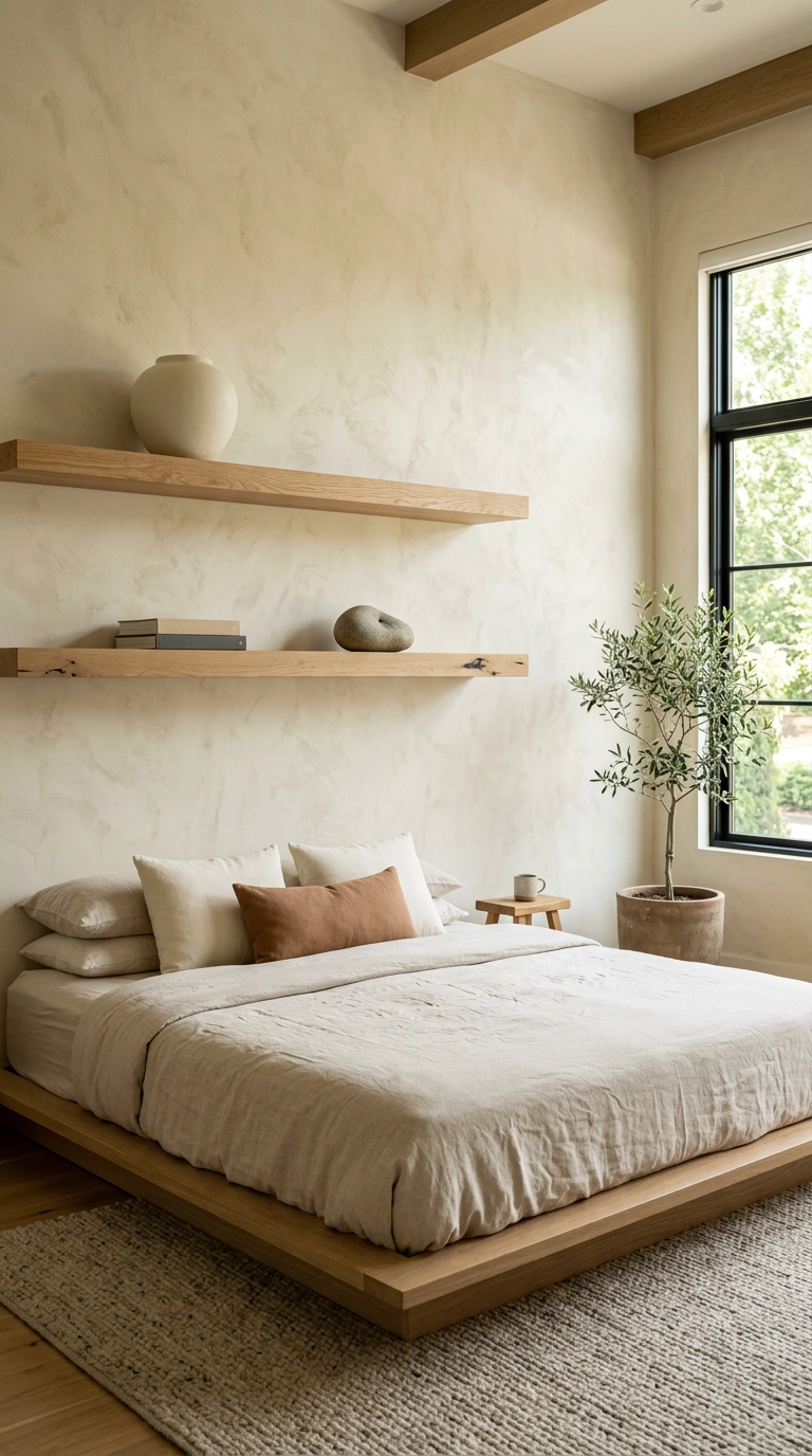Two thick chunky white oak floating shelves above a linen platform bed in an organic modern bedroom